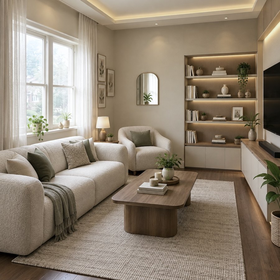 Same living room redesigned in warm minimalist style